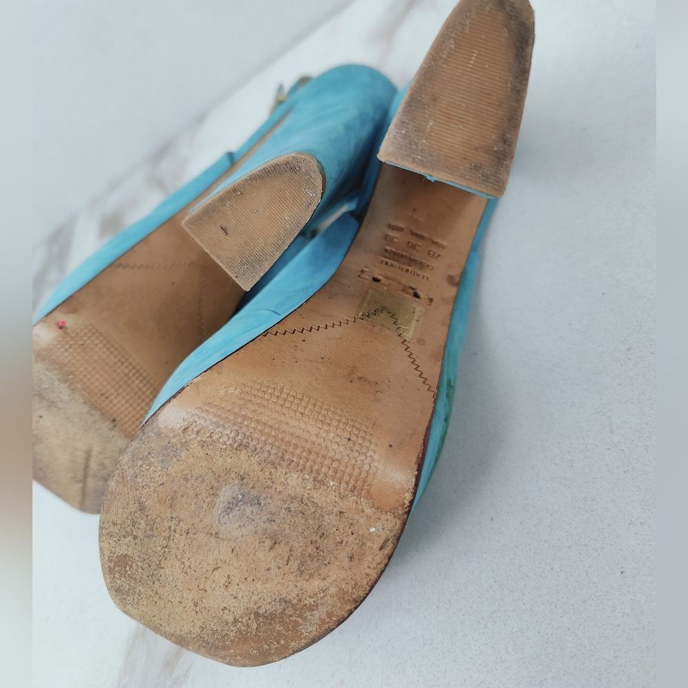 Schutz Turquoise Leather Textile Y2K Style Chunky Platform Peep Toe Heels, 7 - Picture 10 of 15